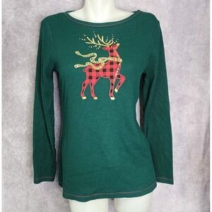 The Quacker Factory Christmas Reindeer Long Sleeve Top Size XS Green Waffle Knit